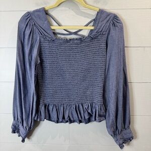 Tommy Jeans | Women's Blue Long Sleeve Smocked Top Size Medium